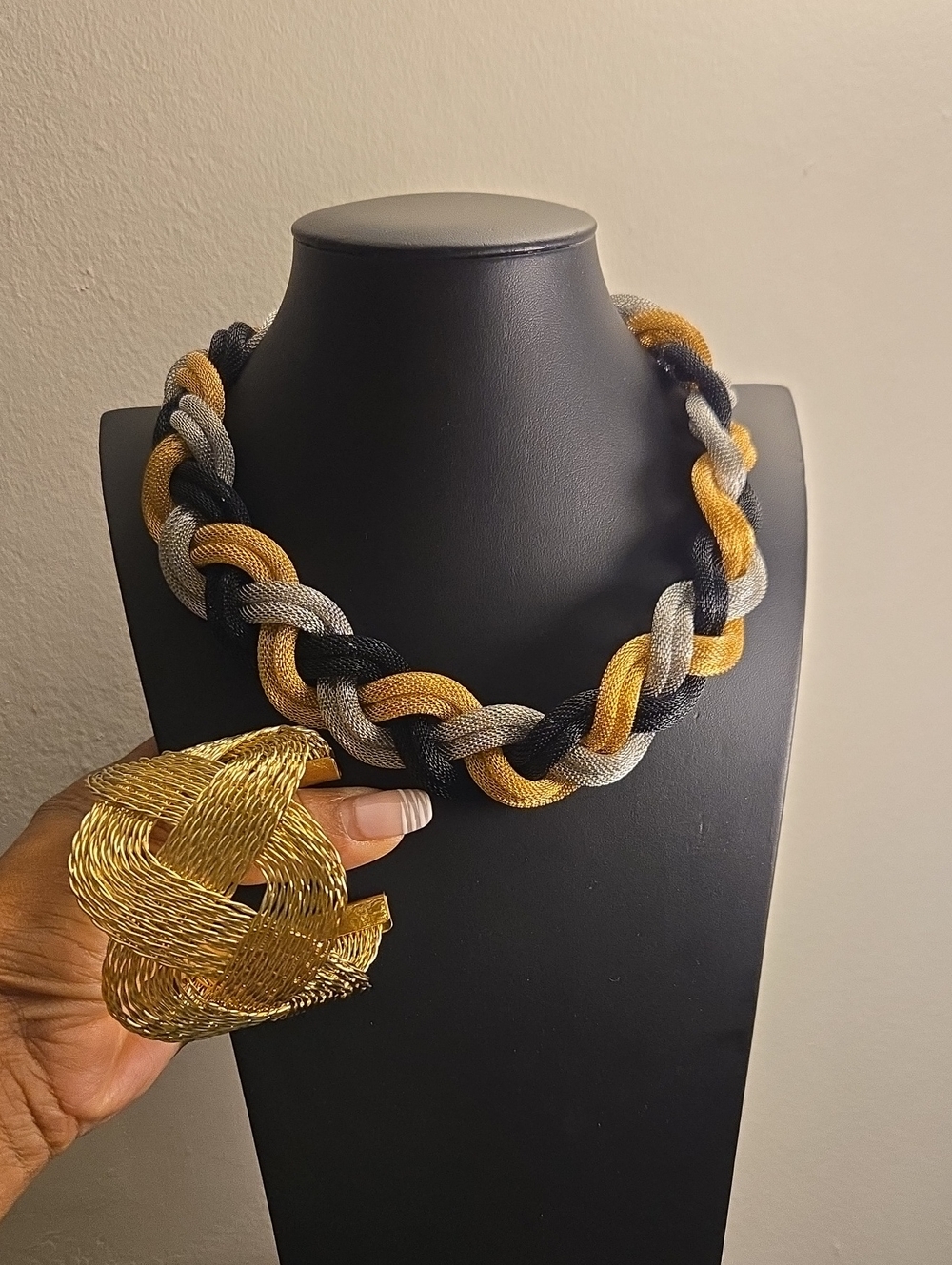 Braided Metallic Necklace and Statement Cuff Bracelet - Gold, Silver, Black